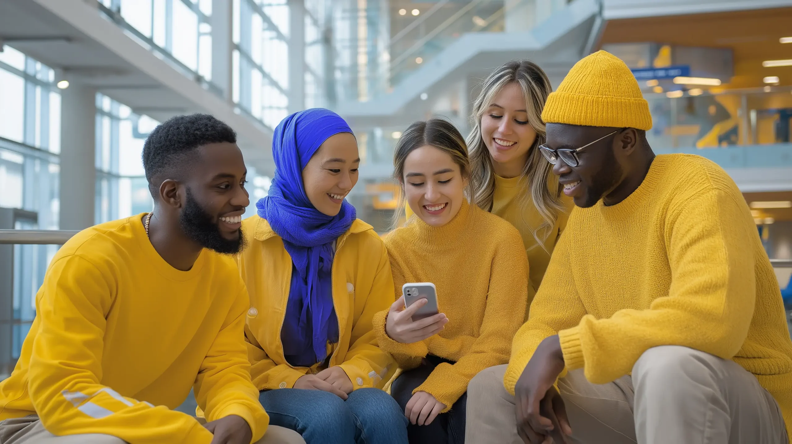 Gruppe junger Menschen schaut gemeinsam auf ein Smartphone