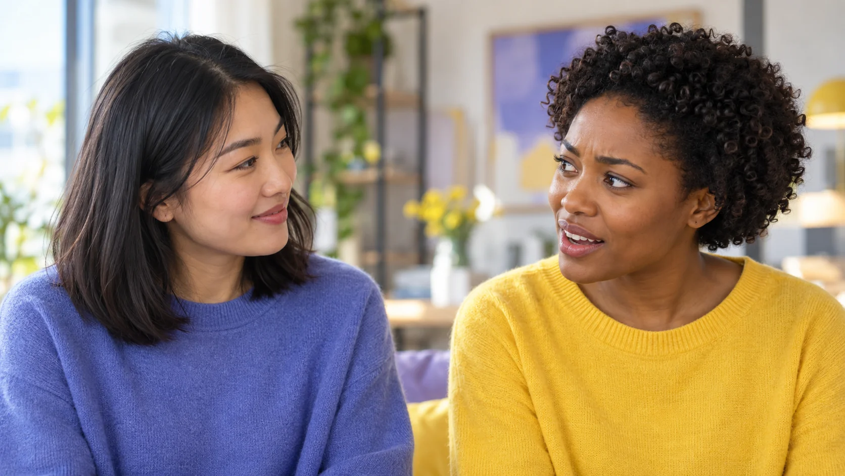 Zwei Frauen sitzen im Wohnzimmer nebeneinander und unterhalten sich. Die rechte spricht mit fragender Mimik, die linke hört lächelnd zu.