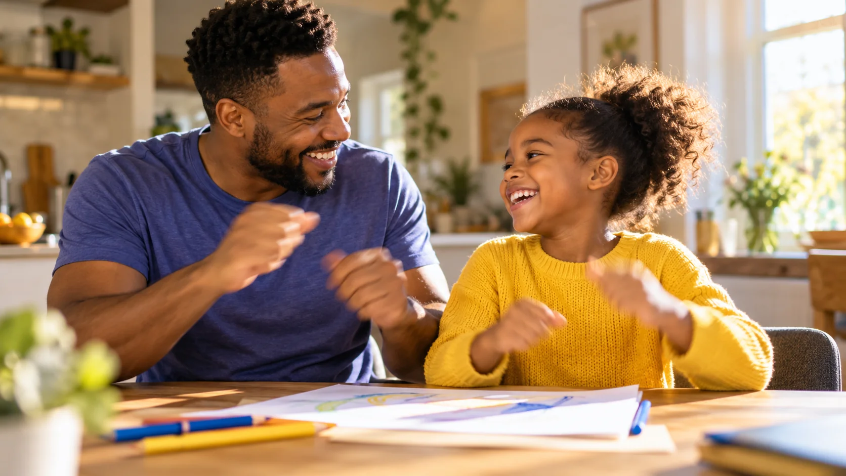 Vater und Tochter sitzen lachend am Küchentisch und gebärden miteinander. Vor ihnen liegen Zeichnungen und Buntstifte.