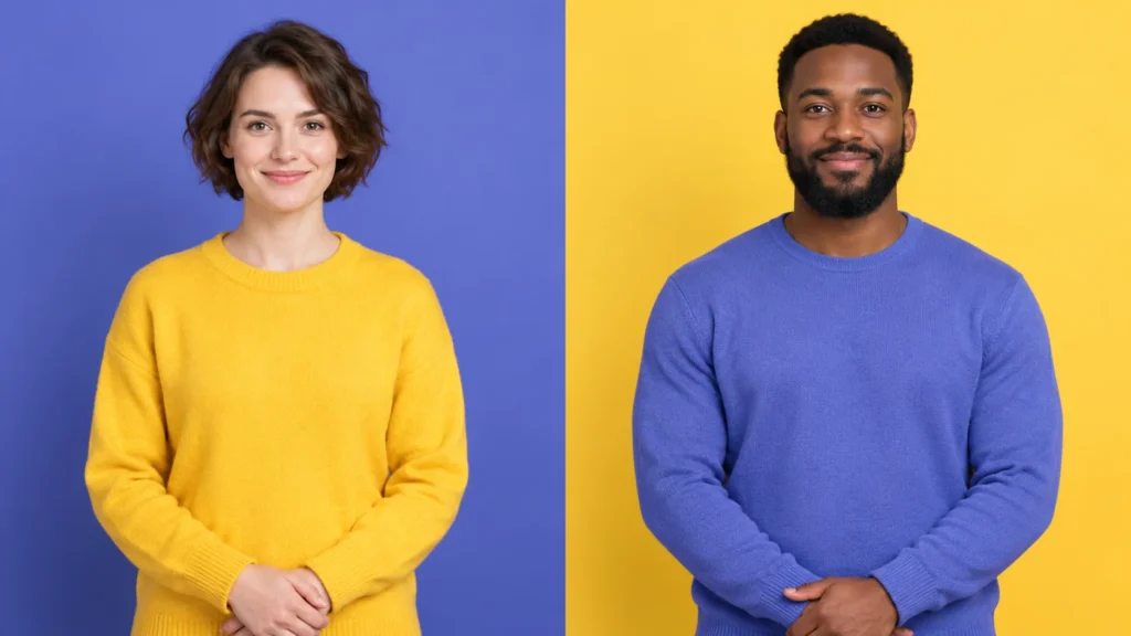 Zwei Porträts nebeneinander. Links eine Frau im gelben Pullover vor violettblauem Hintergrund, rechts ein Mann im violettblauen Pullover vor gelbem Hintergrund.