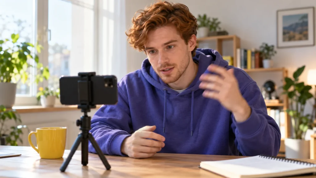 Mann im violetten Kapuzenpullover gebärdet am Schreibtisch vor einem Smartphone auf einem Stativ.