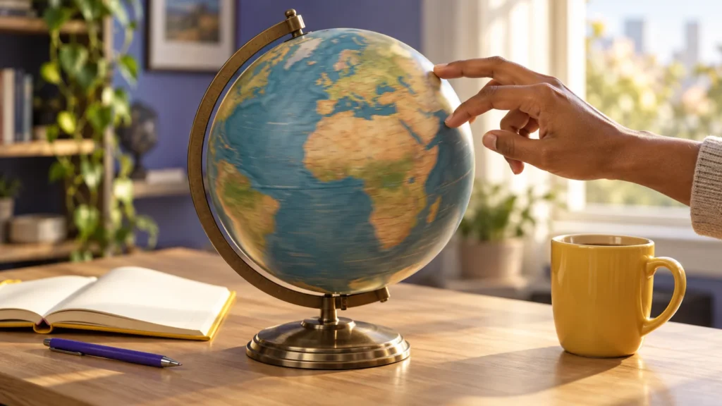 Eine Hand dreht auf einem Schreibtisch einen Globus mit Blick auf Europa und Afrika. Daneben liegen ein offenes Notizbuch und ein Stift, dazu steht eine gelbe Tasse.